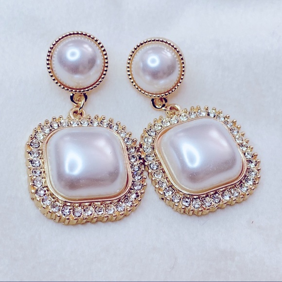 ❣️$25/3❣️ Elegant Wedding Square Pearl Rhinestones Earrings - Picture 3 of 10